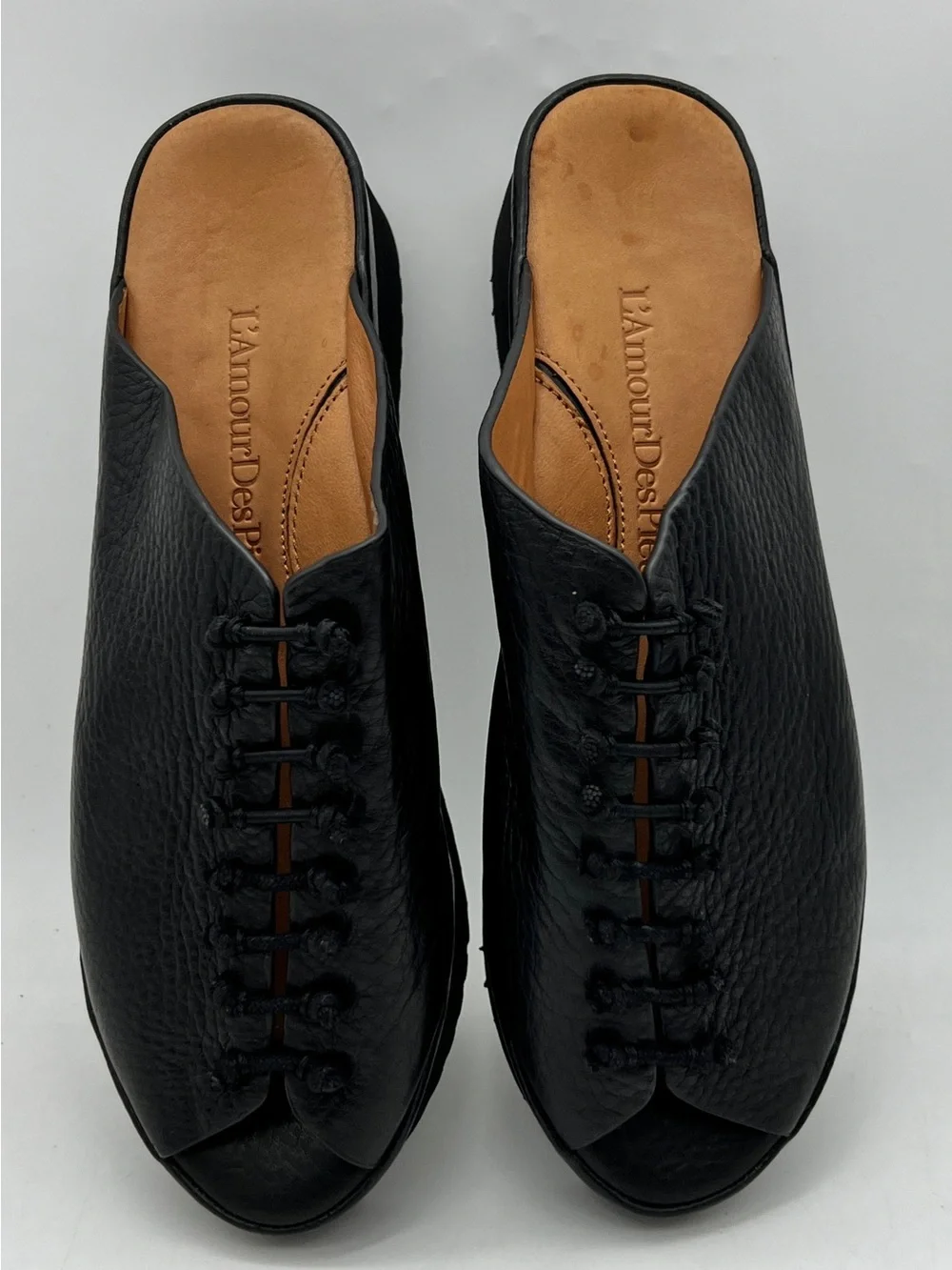 L’Amour Des Pieds Arienne Black Leather Lace-Up Wedge Mules Size 7